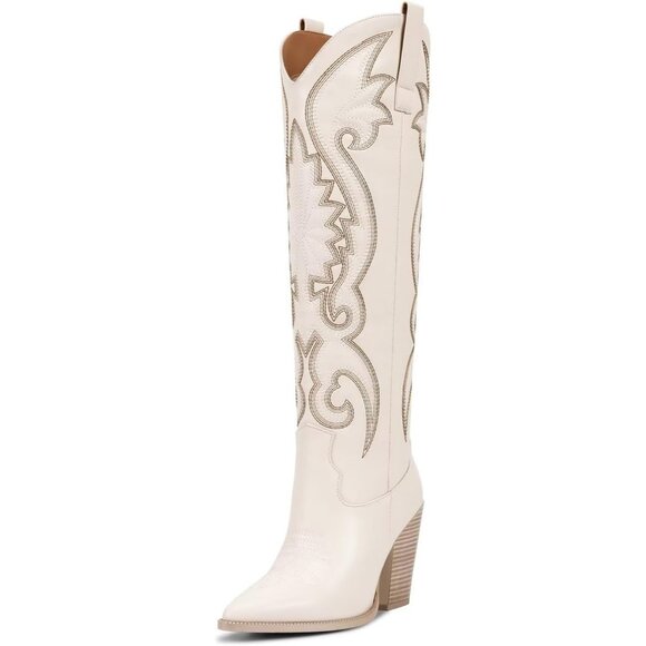 Shoes - Women's Tan Knee High Western Embroidered Chunky Heel Tall Boots